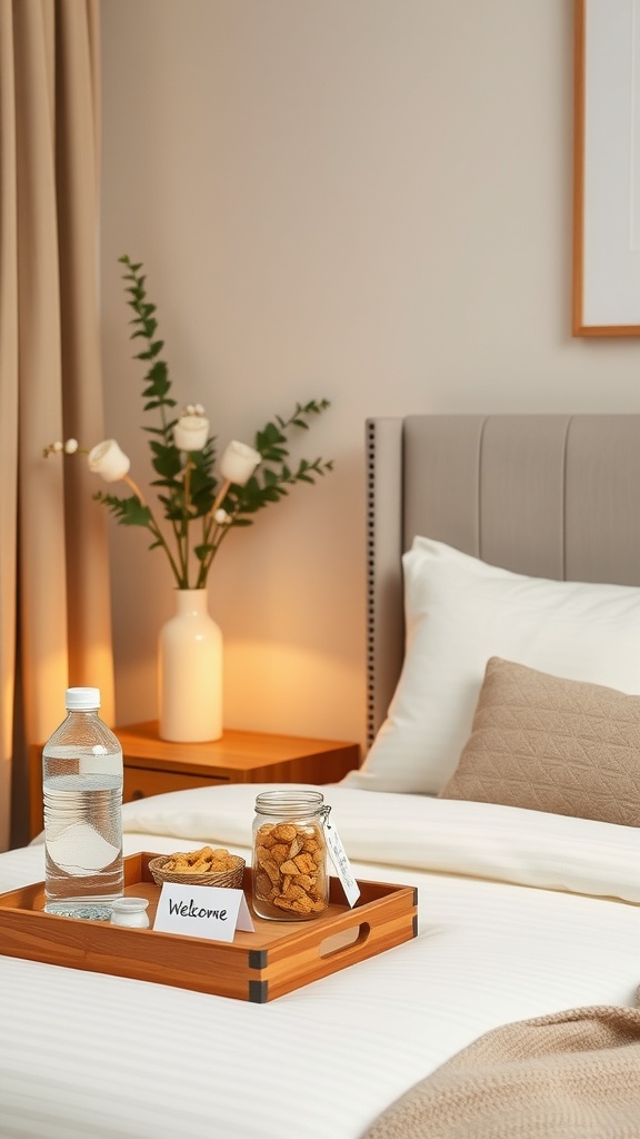 Cozy guest bedroom with a tray featuring water, snacks, and a welcome note.