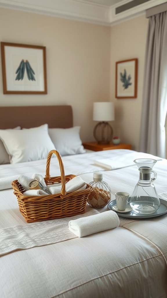 A cozy guest bedroom with a neatly made bed, a basket of towels, a water carafe, and decorative wall art.