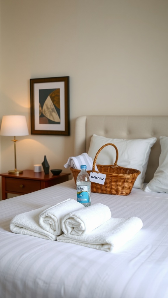 A cozy guest bedroom featuring neatly rolled towels, a bottle of water, and a welcome basket.