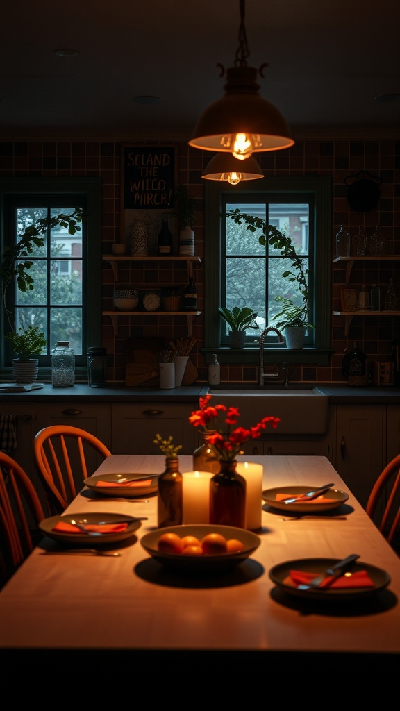 Cozy kitchen with a dining table set for an intimate gathering, featuring warm lighting and decorative plants.