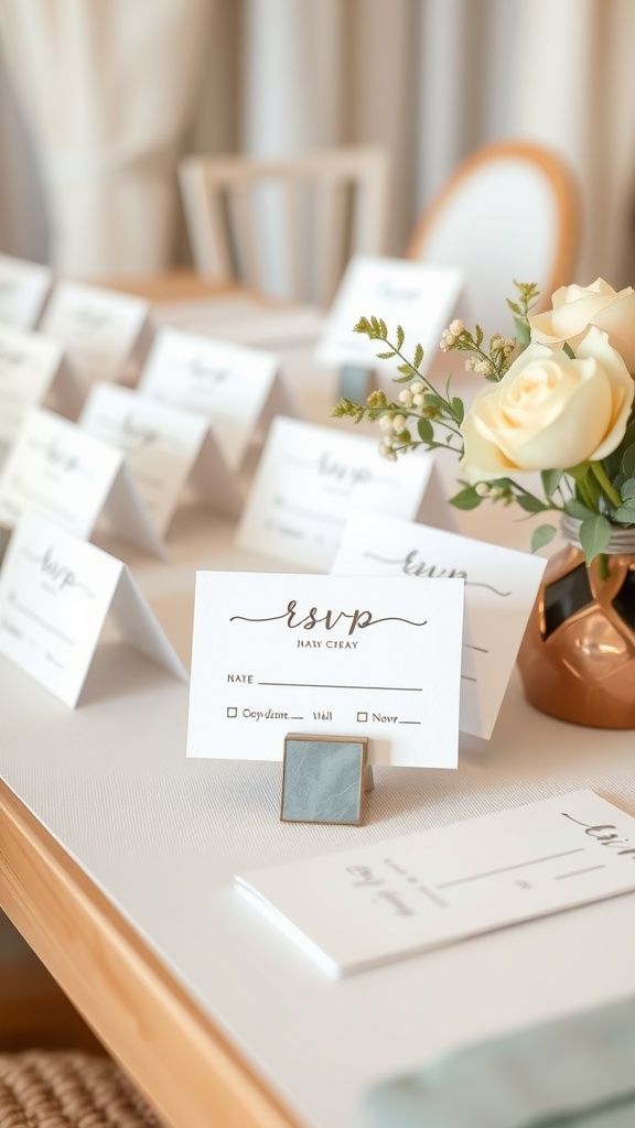 Elegant RSVP cards displayed on a table for a baby shower.