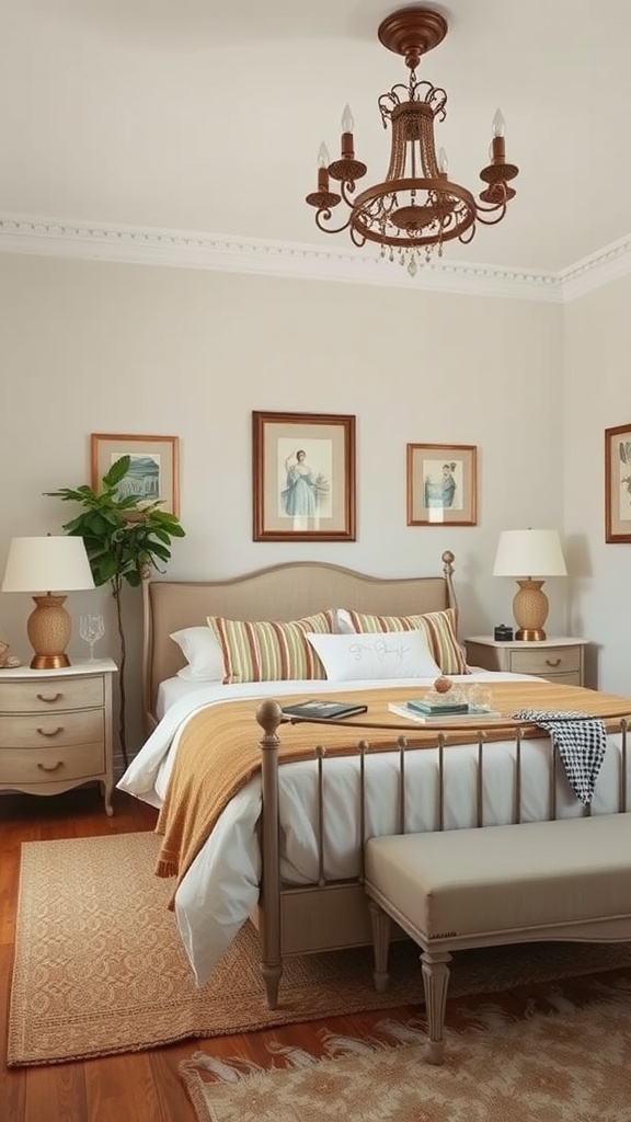 A cozy French country bedroom featuring a bed with decorative pillows, elegant lamps, classic prints on the walls, and an inviting area rug.