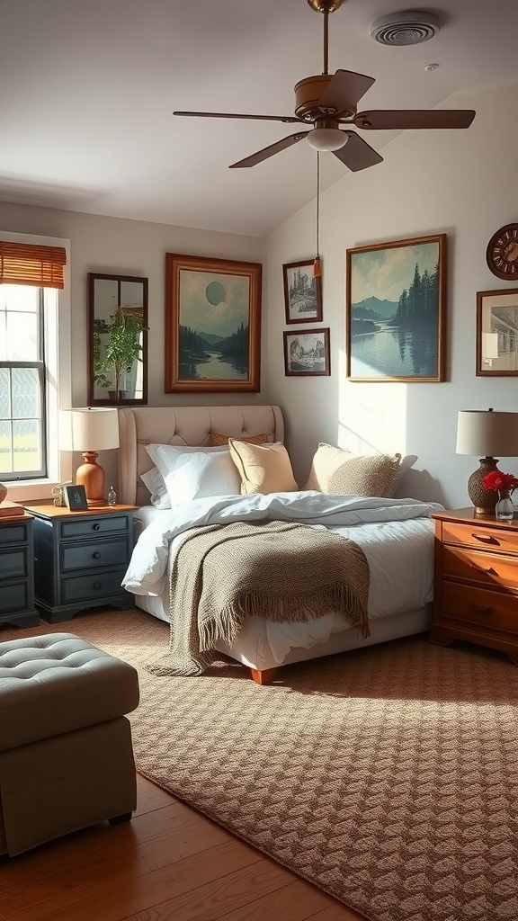 A cozy bedroom featuring thrift store decor like vintage paintings, wooden nightstands, and a patterned rug.