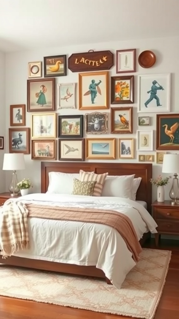 A cozy bedroom featuring a gallery wall with various framed artworks above the bed.