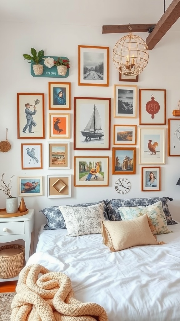 A cozy bedroom featuring a gallery wall of thrifted artwork in various frames.