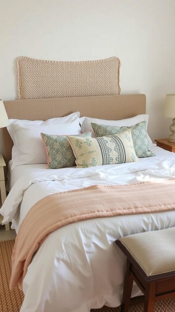 Cozy bed with white linens, pastel pink throw, and decorative pillows