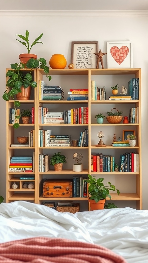 A wooden bookshelf filled with books, decorative items, and plants, creating a cozy bedroom decor