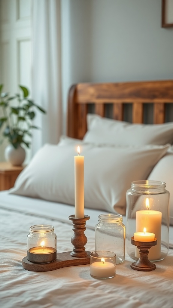 A cozy bedroom scene featuring various thrifted candle holders with lit candles on a bed.