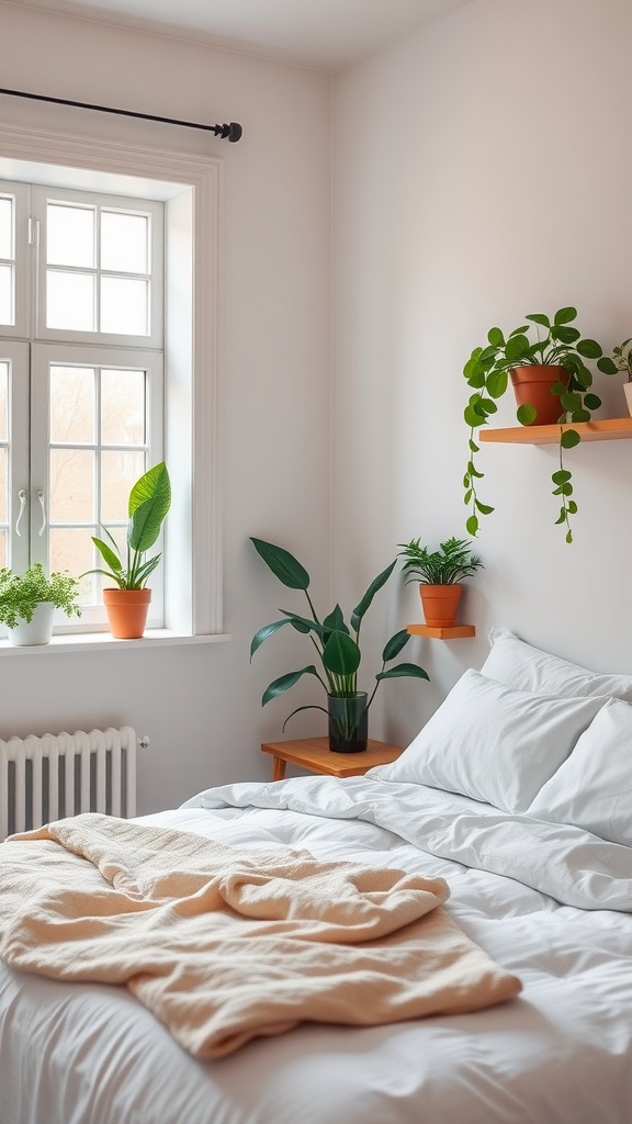 A bright bedroom with a bed and various plants in pots by the window.