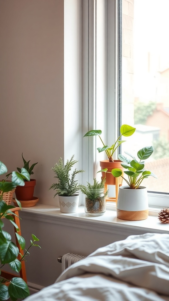 A cozy window sill with various thrifted plants in unique pots, showcasing a mix of greenery and styles.