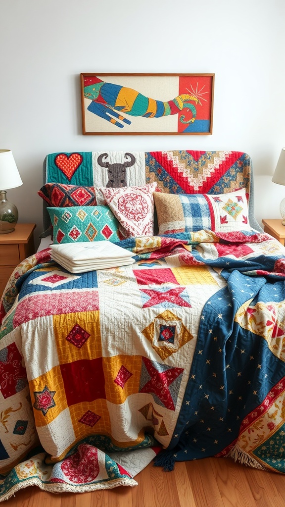 A colorful quilt collection on a bed with decorative pillows and wall art.