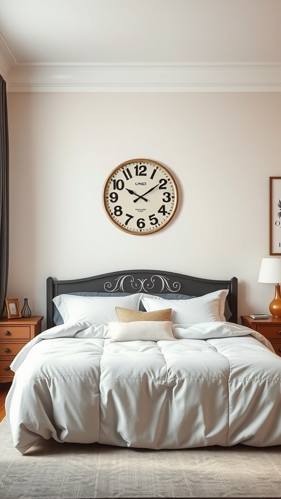 A cozy bedroom with a large wall clock above the bed, featuring bold numbers and a classic design.