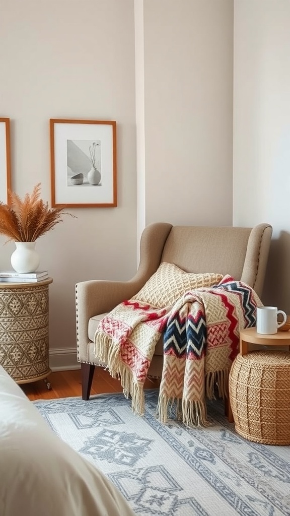 A cozy reading nook featuring a comfortable armchair with a colorful throw blanket draped over it, a side table with a cup, and decorative elements around.