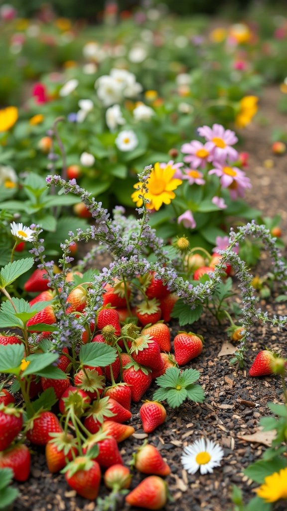 A garden scene with strawberries and flowering thyme.