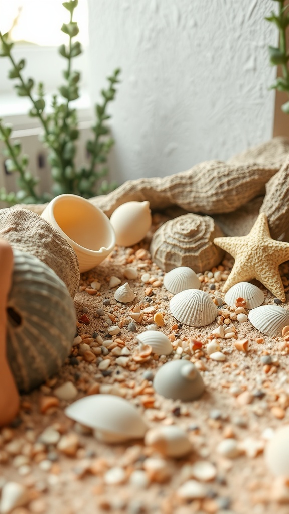 A collection of seashells and beach decor, inspired by tide pools, arranged for a coastal baby shower.