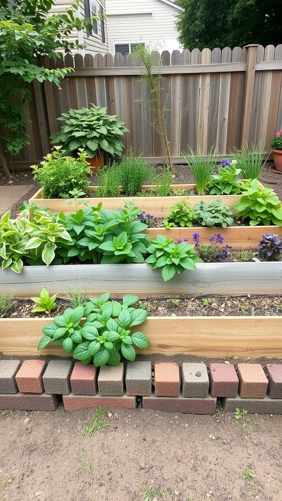 Tiered garden bed with various herbs and plants.