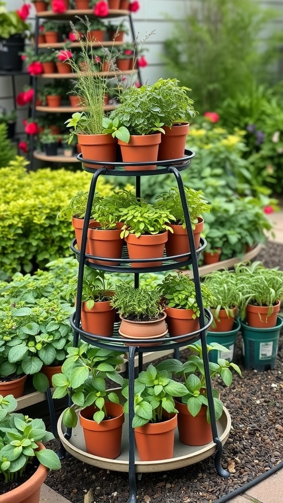 A tiered plant stand filled with various potted herbs, surrounded by lush greenery.