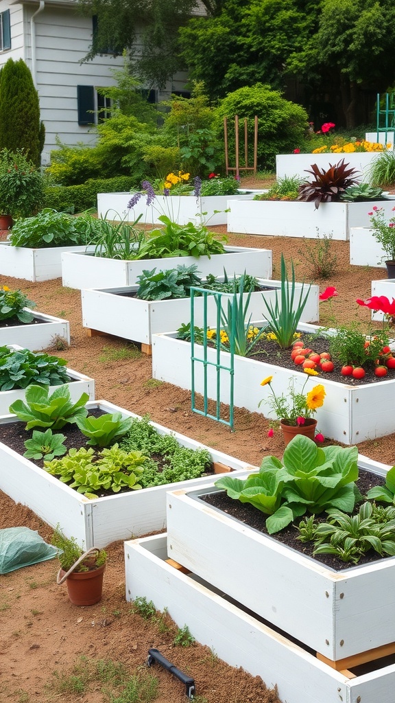 A beautiful arrangement of tiered white raised garden beds filled with various plants and flowers.