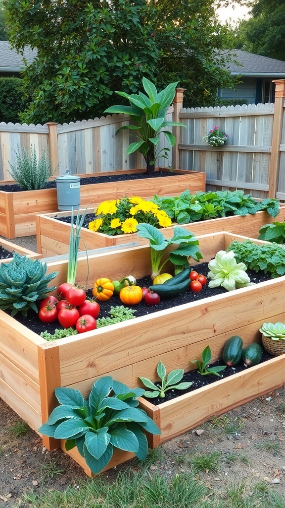 Image of tiered wooden garden beds filled with various vegetables and flowers.