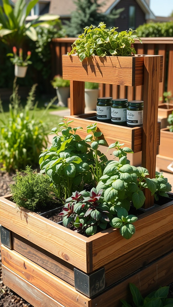 Tiered wooden herb garden with various herbs and jars