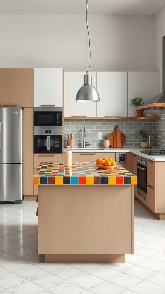 A modern kitchen with a colorful tiled countertop island, featuring light wood cabinetry and a sleek stainless steel pendant light.