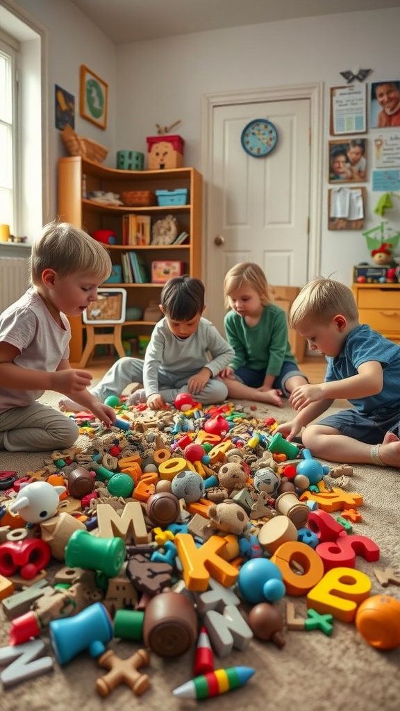 Children engaged in a scavenger hunt, exploring colorful toys and letters on the floor.