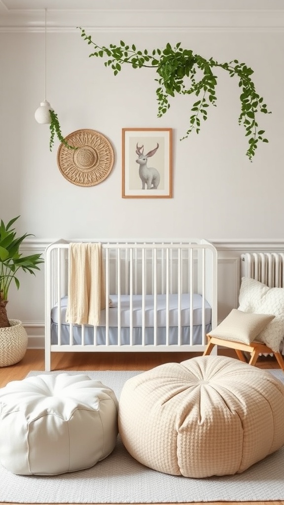 A neutral nursery featuring a crib, poufs, and greenery on the walls.