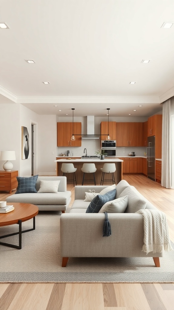 Open space living room and kitchen with modern furniture and warm wood accents.