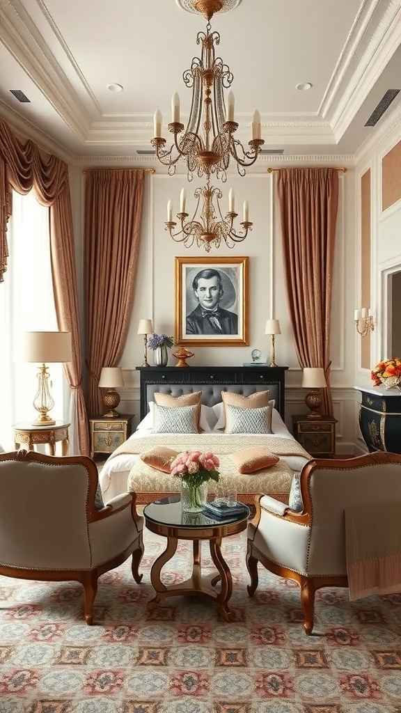 A formal living room featuring classic furniture, a chandelier, and elegant decor.