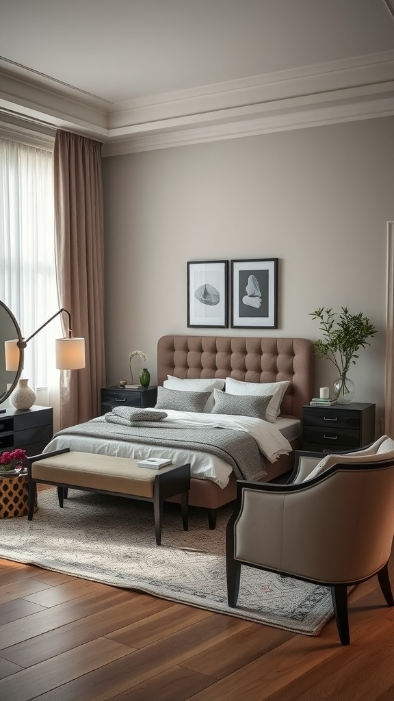 Elegant bedroom with a tufted headboard, dark wood nightstands, and stylish decor.