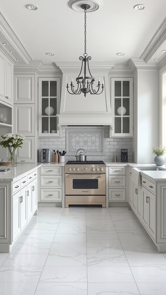 A modern grey and white kitchen featuring elegant cabinetry, a chandelier, and marble flooring.