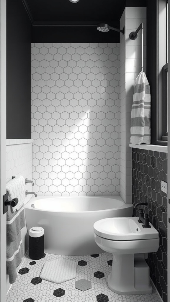 Small bathroom featuring black and white hexagonal tiles on the floor and walls, with a modern bathtub and sink.