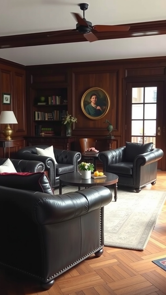 A cozy living room featuring dark leather armchairs, a round coffee table, and wooden accents.