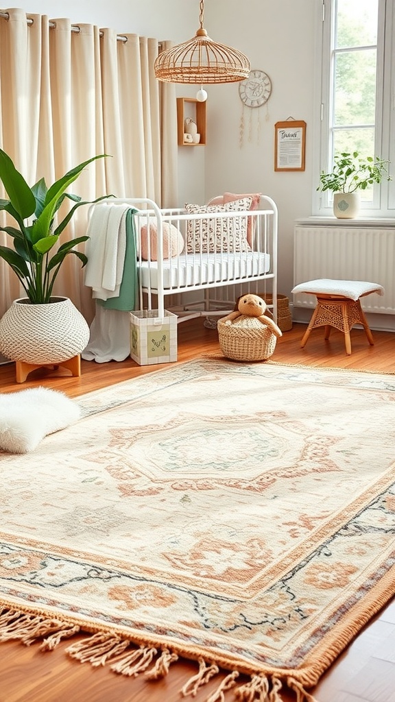 A cozy nursery featuring a vintage-style rug, a crib, and soft furnishings.