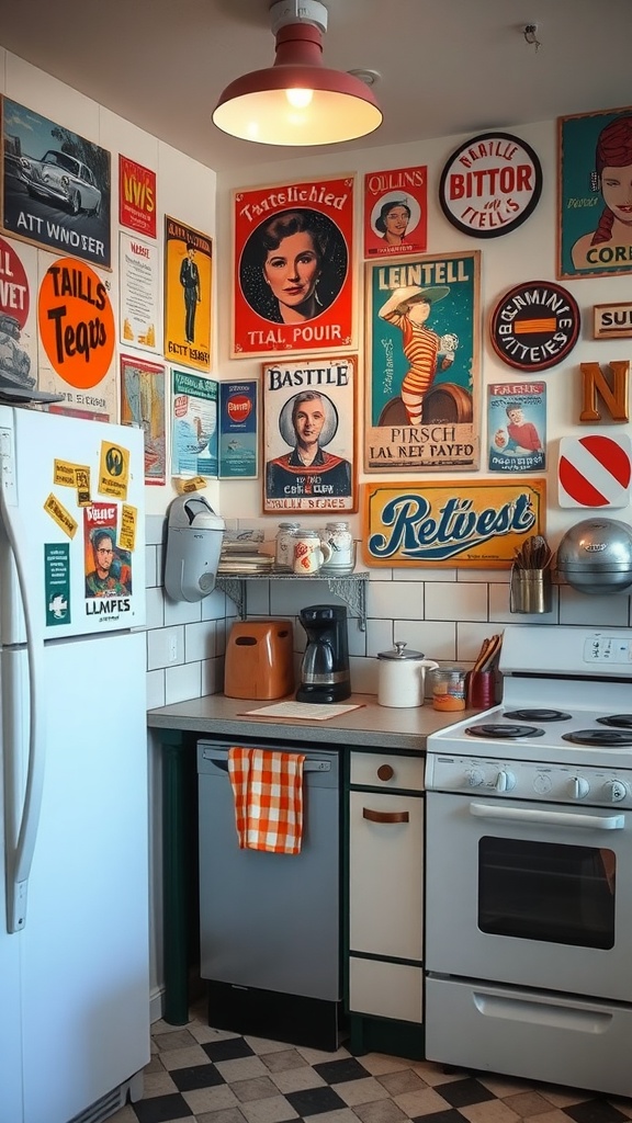 A retro kitchen with vintage wall art and decor, featuring colorful posters and classic appliances.