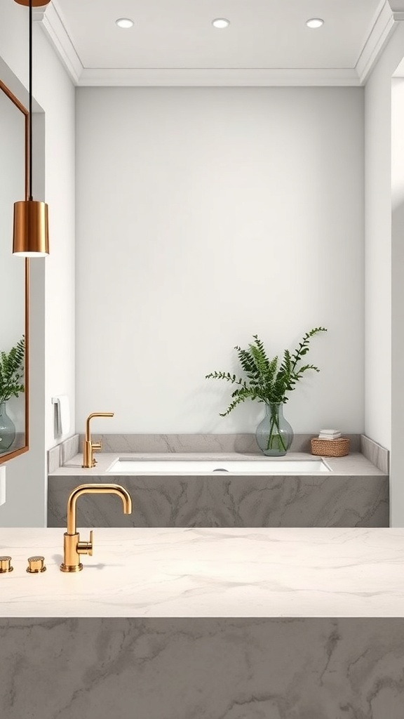A modern bathroom featuring a soapstone countertop with gold fixtures and a fern plant.