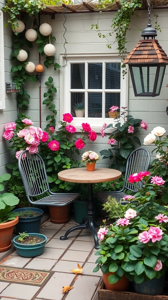A small garden area with a round table and two chairs surrounded by blooming flowers in pots.