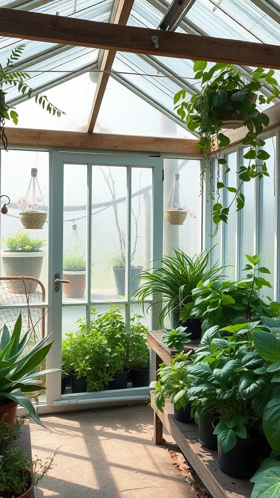A small indoor greenhouse filled with various herbs and plants.