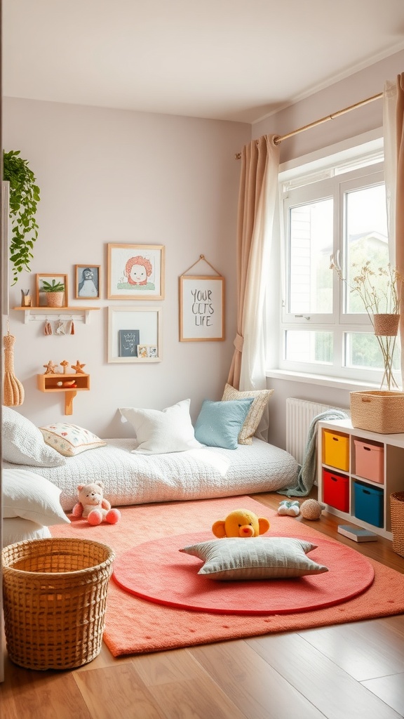 A cozy toddler bedroom featuring a low bed with pillows, a colorful rug, playful decor, and organized toy storage.