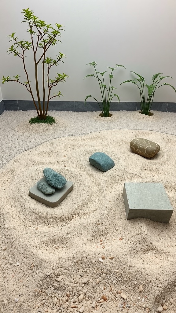 A small Zen garden featuring sand, stones, and green plants.