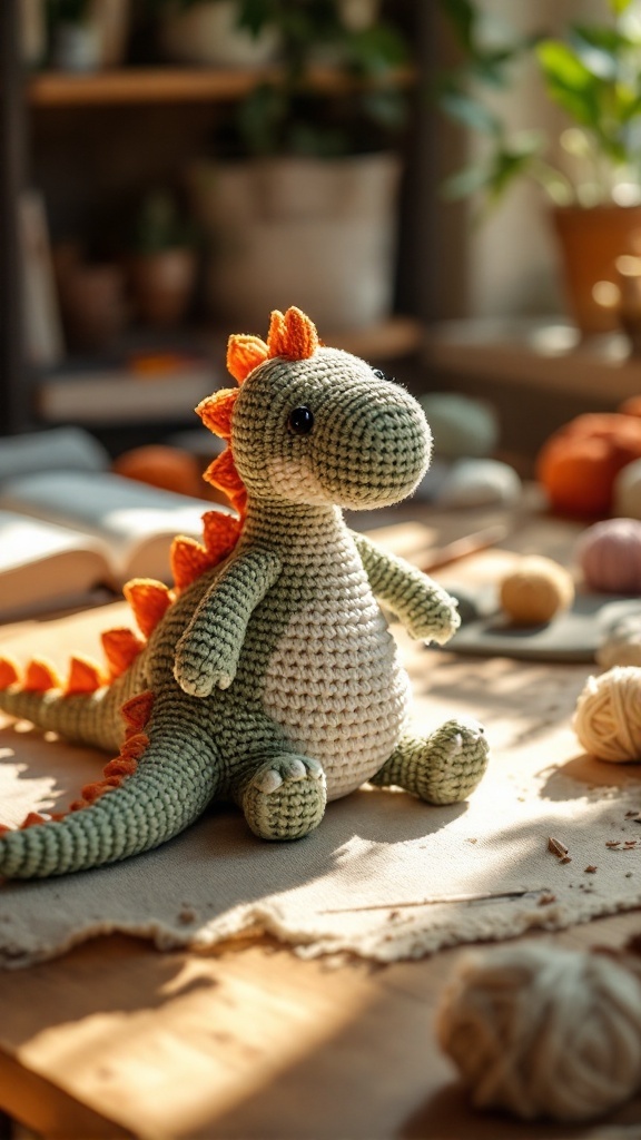 A crocheted dinosaur plush toy sitting on a table surrounded by yarn and natural lighting.