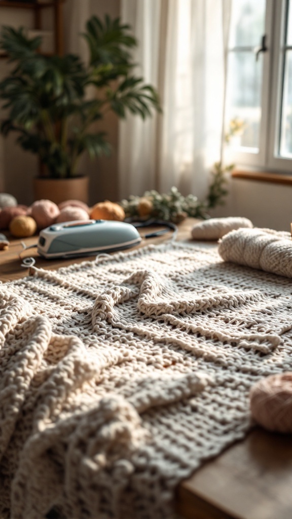A crochet piece laid flat on a wooden table with natural light, showcasing the texture and colors of the yarn.