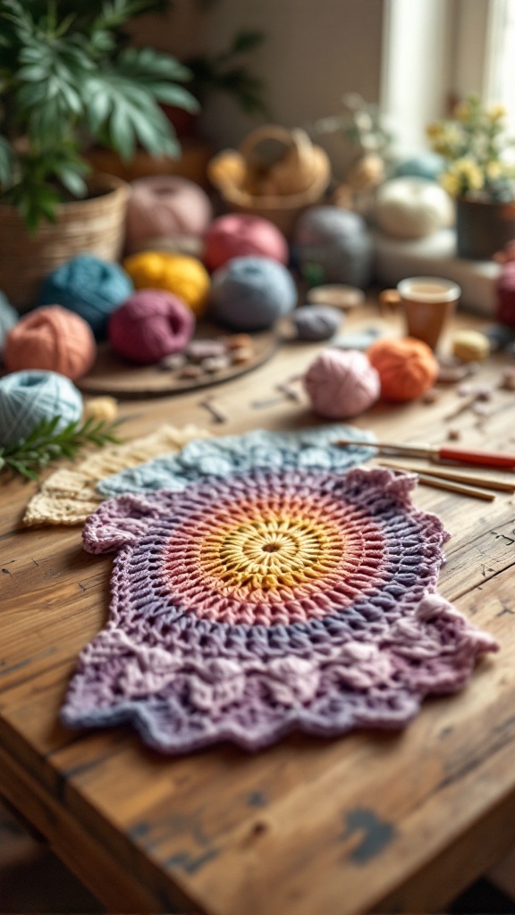 A workspace with various yarn balls in different colors, featuring a crocheted piece with a gradient pattern.
