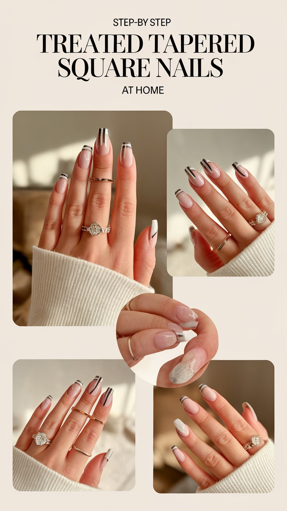 Step-by-step guide to treated tapered square nails at home, featuring various nail designs and colors.