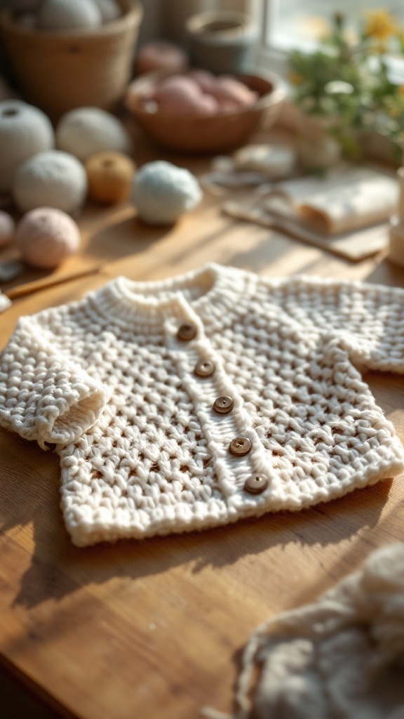 Crochet baby jacket displayed on a wooden table with yarn balls in the background.
