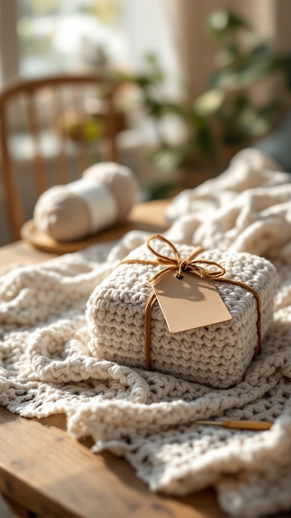 A handmade crochet baby blanket wrapped neatly with twine and a tag, resting on a textured surface.