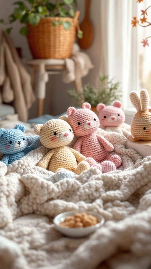 A cozy scene featuring colorful crochet plushies sitting on a soft blanket with a bowl of treats nearby.