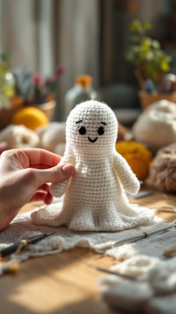 A cute crocheted ghost amigurumi being held by a hand, surrounded by various crafting materials.