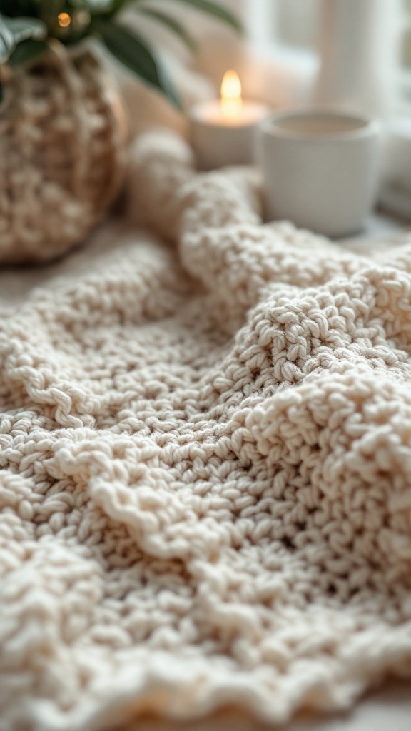 A close-up of a cream-colored crocheted fabric, with soft textures, accompanied by a plant, candles, and a cup, creating a cozy crafting atmosphere.