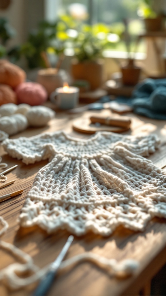 A white crochet baby dress laid on a wooden table surrounded by yarn and crochet tools.